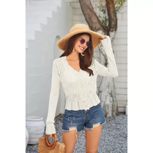 GRACE KARIN Womens Lightweight Cropped Crochet Cardigan Sweaters Summer Long Sleeve Hollow Out Knit V Neck Bolero ShrugIvory White