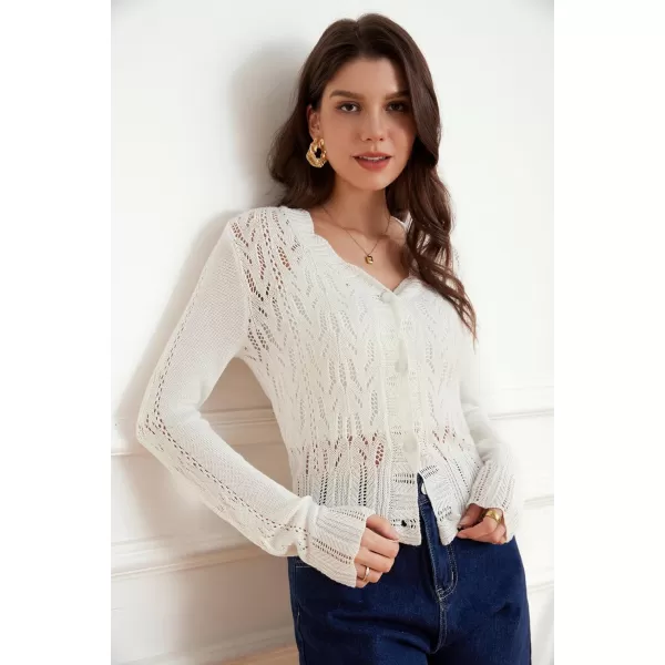 GRACE KARIN Womens Lightweight Cropped Crochet Cardigan Sweaters Summer Long Sleeve Hollow Out Knit V Neck Bolero ShrugIvory White