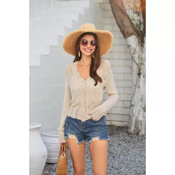 GRACE KARIN Womens Lightweight Cropped Crochet Cardigan Sweaters Summer Long Sleeve Hollow Out Knit V Neck Bolero ShrugKhaki