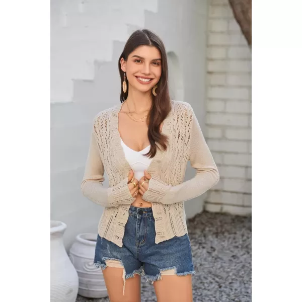 GRACE KARIN Womens Lightweight Cropped Crochet Cardigan Sweaters Summer Long Sleeve Hollow Out Knit V Neck Bolero ShrugKhaki