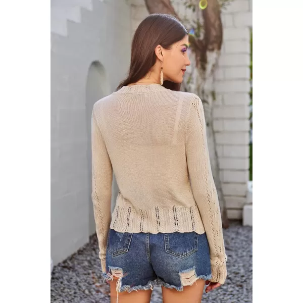GRACE KARIN Womens Lightweight Cropped Crochet Cardigan Sweaters Summer Long Sleeve Hollow Out Knit V Neck Bolero ShrugKhaki