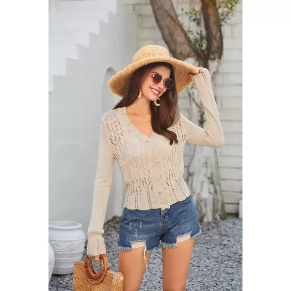 GRACE KARIN Womens Lightweight Cropped Crochet Cardigan Sweaters Summer Long Sleeve Hollow Out Knit V Neck Bolero ShrugKhaki