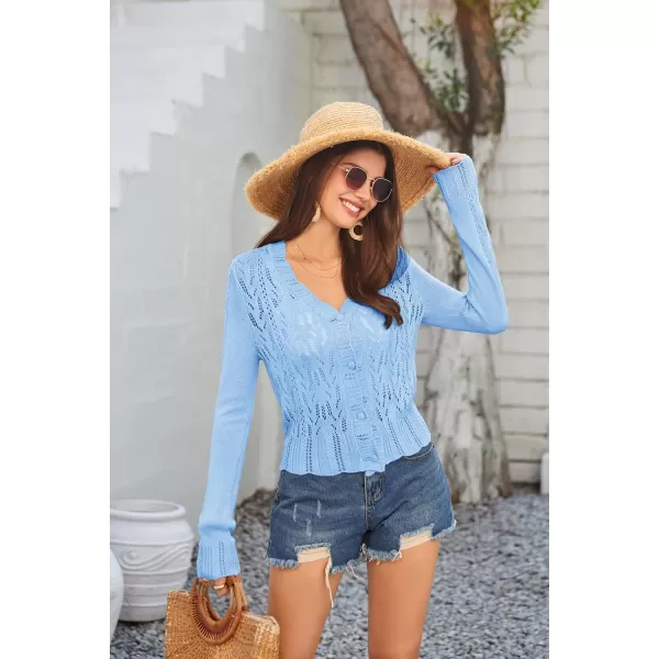 GRACE KARIN Womens Lightweight Cropped Crochet Cardigan Sweaters Summer Long Sleeve Hollow Out Knit V Neck Bolero ShrugLight Blue