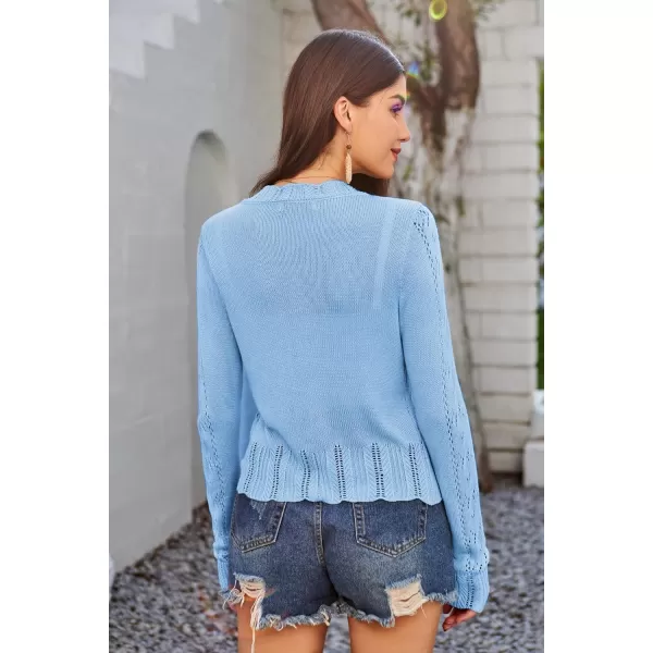 GRACE KARIN Womens Lightweight Cropped Crochet Cardigan Sweaters Summer Long Sleeve Hollow Out Knit V Neck Bolero ShrugLight Blue