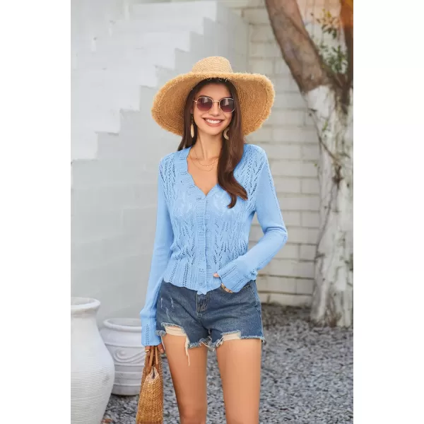 GRACE KARIN Womens Lightweight Cropped Crochet Cardigan Sweaters Summer Long Sleeve Hollow Out Knit V Neck Bolero ShrugLight Blue