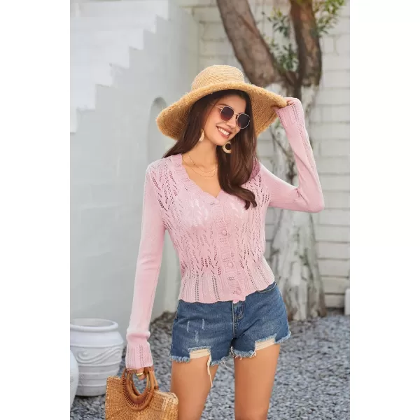 GRACE KARIN Womens Lightweight Cropped Crochet Cardigan Sweaters Summer Long Sleeve Hollow Out Knit V Neck Bolero ShrugLight Pink