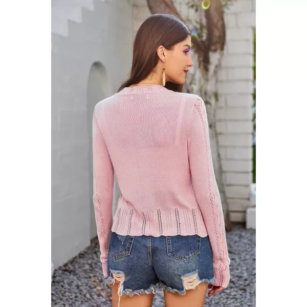 GRACE KARIN Womens Lightweight Cropped Crochet Cardigan Sweaters Summer Long Sleeve Hollow Out Knit V Neck Bolero ShrugLight Pink