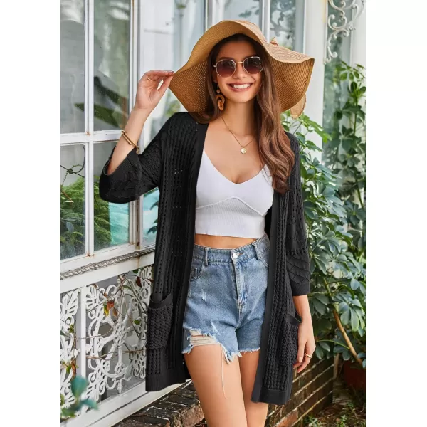 GRACE KARIN Womens Lightweight Kimono Cardigan Summer 34 Sleeve Open Front Knit Casual Cardigans with PocketsBlack