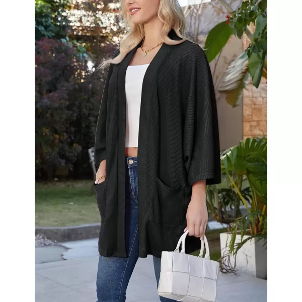 GRACE KARIN Womens Lightweight Oversized Cardigan Sweater Waffle Knit Long Batwing Sleeve Kimono with PocketsBlack