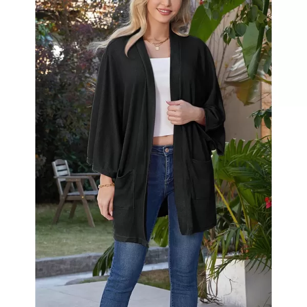 GRACE KARIN Womens Lightweight Oversized Cardigan Sweater Waffle Knit Long Batwing Sleeve Kimono with PocketsBlack