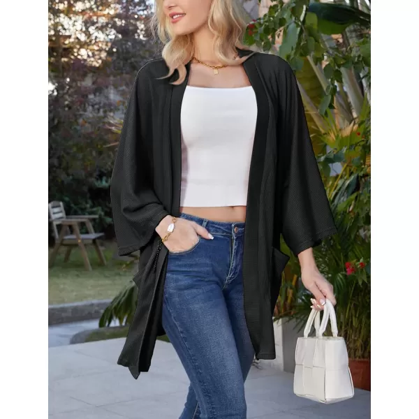 GRACE KARIN Womens Lightweight Oversized Cardigan Sweater Waffle Knit Long Batwing Sleeve Kimono with PocketsBlack