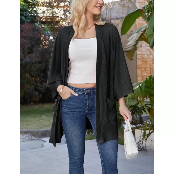 GRACE KARIN Womens Lightweight Oversized Cardigan Sweater Waffle Knit Long Batwing Sleeve Kimono with PocketsBlack