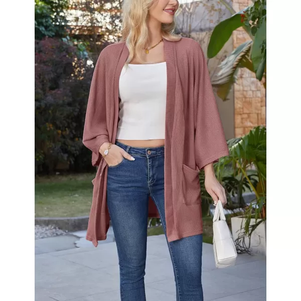 GRACE KARIN Womens Lightweight Oversized Cardigan Sweater Waffle Knit Long Batwing Sleeve Kimono with PocketsMauve Red
