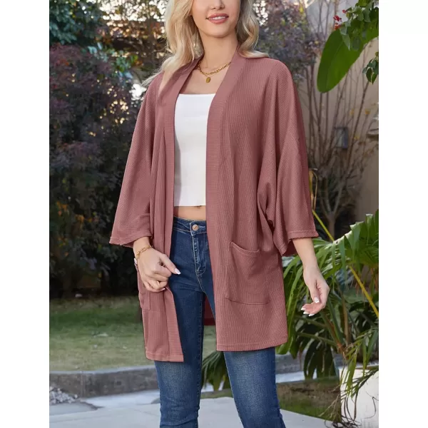 GRACE KARIN Womens Lightweight Oversized Cardigan Sweater Waffle Knit Long Batwing Sleeve Kimono with PocketsMauve Red