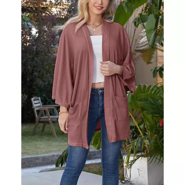 GRACE KARIN Womens Lightweight Oversized Cardigan Sweater Waffle Knit Long Batwing Sleeve Kimono with PocketsMauve Red