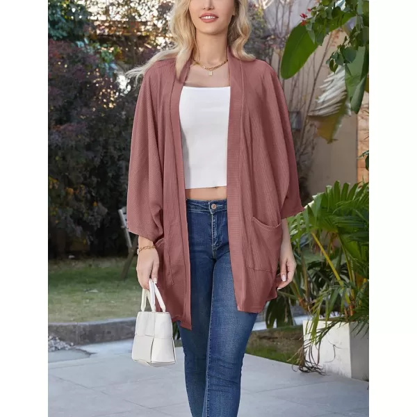 GRACE KARIN Womens Lightweight Oversized Cardigan Sweater Waffle Knit Long Batwing Sleeve Kimono with PocketsMauve Red