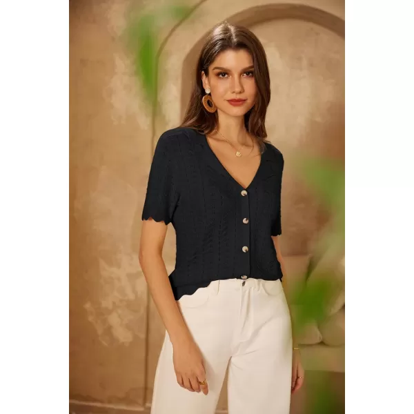 GRACE KARIN Womens Lightweight Short Sleeve Sweaters Cardigans Lapel Collar Crochet Knit Hollowed Out Cardigans TopBlack