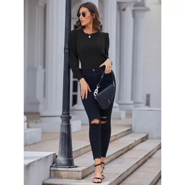 GRACE KARIN Womens Lightweight Thin Summer Pullover Sweater Cute Puff Short Sleeve Tops Pullover Shirt Knit BlouseCl0834 Black Long Sleeve