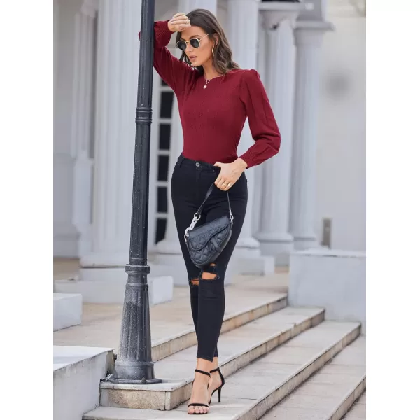 GRACE KARIN Womens Lightweight Thin Summer Pullover Sweater Cute Puff Short Sleeve Tops Pullover Shirt Knit BlouseCl0834 Wine Red Long Sleeve