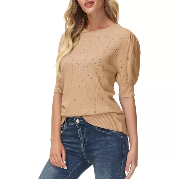 GRACE KARIN Womens Lightweight Thin Summer Pullover Sweater Cute Puff Short Sleeve Tops Pullover Shirt Knit BlouseKhaki