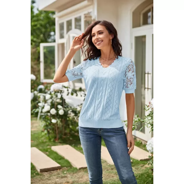 GRACE KARIN Womens Lightweight Thin Summer Pullover Sweater Cute Puff Short Sleeve Tops Pullover Shirt Knit BlouseLight Blue B
