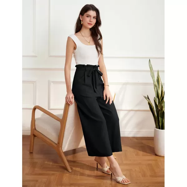 GRACE KARIN Womens Linen Pants Wide Leg High Waisted Lounge Palazzo Pant Adjustable Tie Knot Loose Trouser with PocketBlack