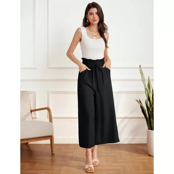 GRACE KARIN Womens Linen Pants Wide Leg High Waisted Lounge Palazzo Pant Adjustable Tie Knot Loose Trouser with PocketBlack