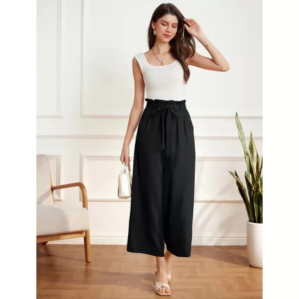 GRACE KARIN Womens Linen Pants Wide Leg High Waisted Lounge Palazzo Pant Adjustable Tie Knot Loose Trouser with PocketBlack