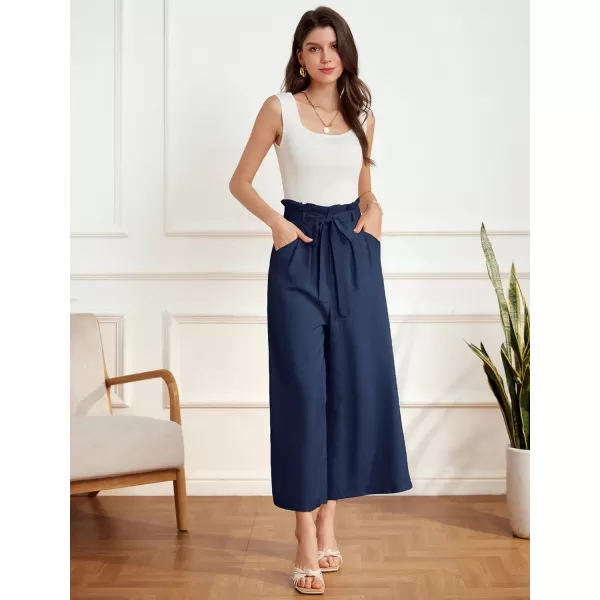GRACE KARIN Womens Linen Pants Wide Leg High Waisted Lounge Palazzo Pant Adjustable Tie Knot Loose Trouser with PocketDark Blue