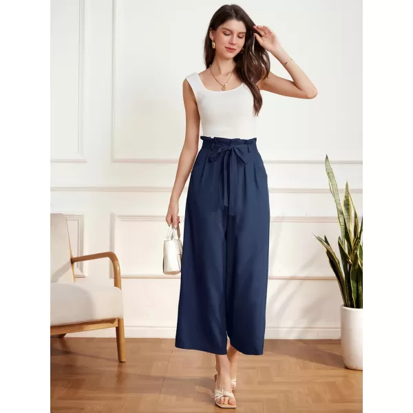 GRACE KARIN Womens Linen Pants Wide Leg High Waisted Lounge Palazzo Pant Adjustable Tie Knot Loose Trouser with PocketDark Blue