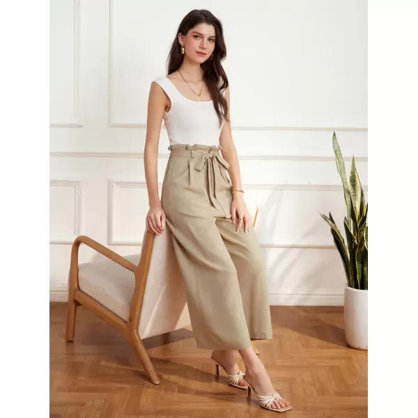 GRACE KARIN Womens Linen Pants Wide Leg High Waisted Lounge Palazzo Pant Adjustable Tie Knot Loose Trouser with PocketKhaki