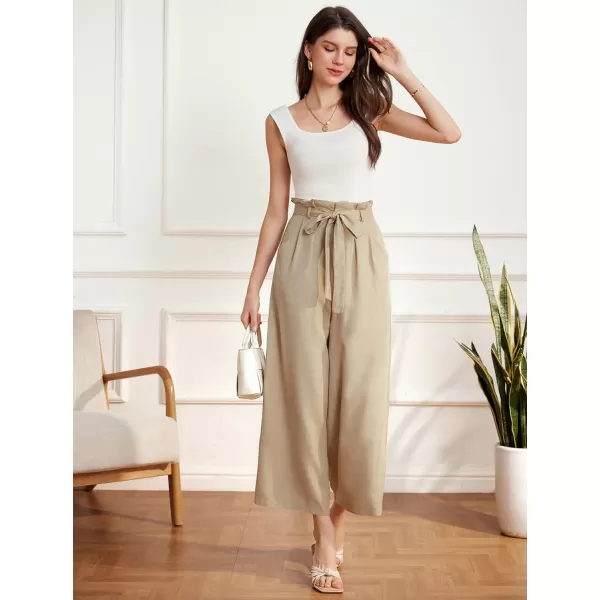 GRACE KARIN Womens Linen Pants Wide Leg High Waisted Lounge Palazzo Pant Adjustable Tie Knot Loose Trouser with PocketKhaki