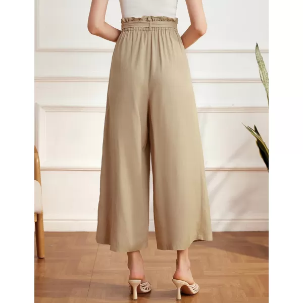 GRACE KARIN Womens Linen Pants Wide Leg High Waisted Lounge Palazzo Pant Adjustable Tie Knot Loose Trouser with PocketKhaki