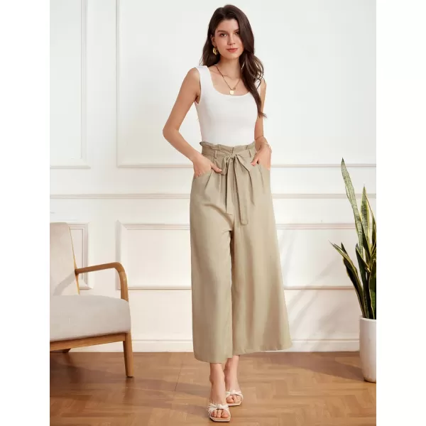 GRACE KARIN Womens Linen Pants Wide Leg High Waisted Lounge Palazzo Pant Adjustable Tie Knot Loose Trouser with PocketKhaki