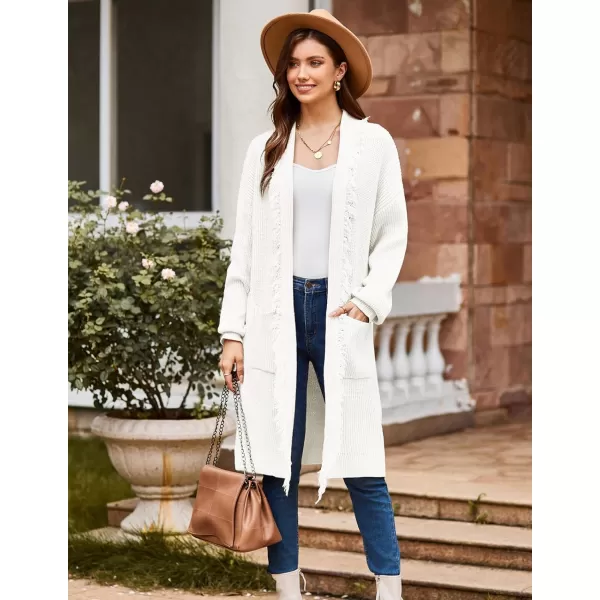GRACE KARIN Womens Long Knit Cardigan Sweater Open Front Lapel Oversized Fringe Sweater Jacket Coatigan with PocketsWhite