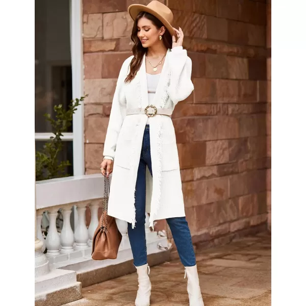 GRACE KARIN Womens Long Knit Cardigan Sweater Open Front Lapel Oversized Fringe Sweater Jacket Coatigan with PocketsWhite