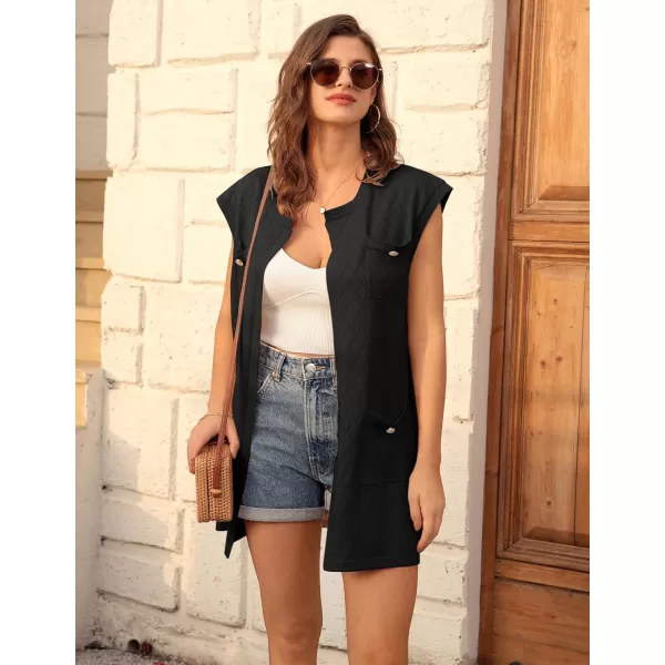 GRACE KARIN Womens Long Knit Sweater Vest Sleeveless Open Front Cardigan Elegant Ladies Sweater Jacket with PocketsBlack