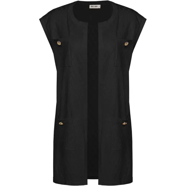 GRACE KARIN Womens Long Knit Sweater Vest Sleeveless Open Front Cardigan Elegant Ladies Sweater Jacket with PocketsBlack