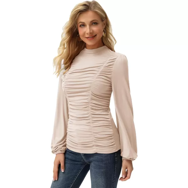 GRACE KARIN Womens Long Lantern Sleeve HighNeck Ruched Front Fitted BlouseApricot