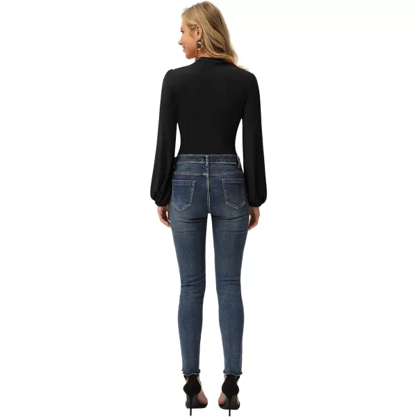 GRACE KARIN Womens Long Lantern Sleeve HighNeck Ruched Front Fitted BlouseBlack