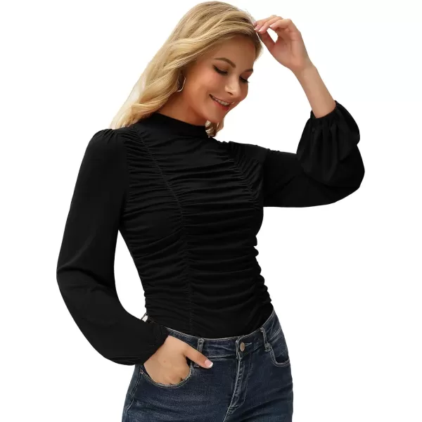 GRACE KARIN Womens Long Lantern Sleeve HighNeck Ruched Front Fitted BlouseBlack