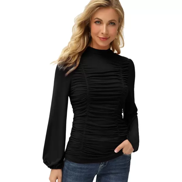 GRACE KARIN Womens Long Lantern Sleeve HighNeck Ruched Front Fitted BlouseBlack
