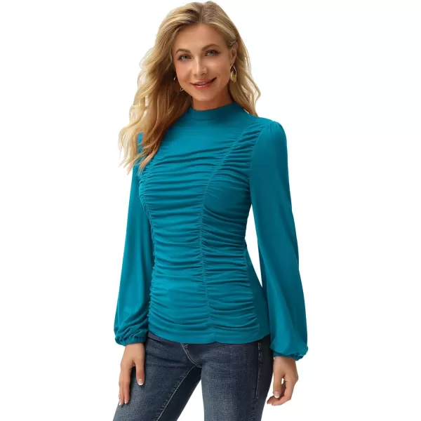 GRACE KARIN Womens Long Lantern Sleeve HighNeck Ruched Front Fitted BlouseBlue Green