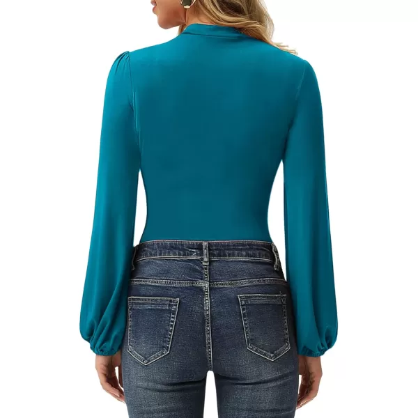 GRACE KARIN Womens Long Lantern Sleeve HighNeck Ruched Front Fitted BlouseBlue Green