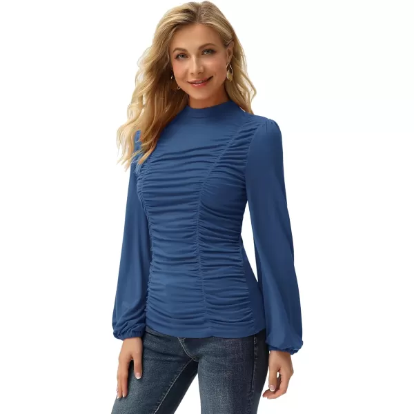 GRACE KARIN Womens Long Lantern Sleeve HighNeck Ruched Front Fitted BlouseDark Blue Grey