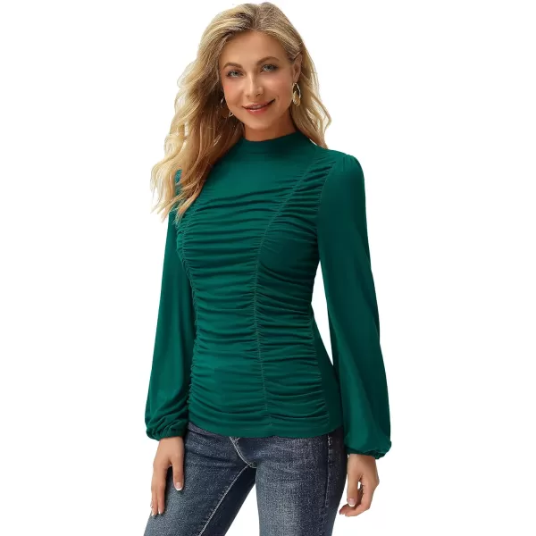 GRACE KARIN Womens Long Lantern Sleeve HighNeck Ruched Front Fitted BlouseGreen