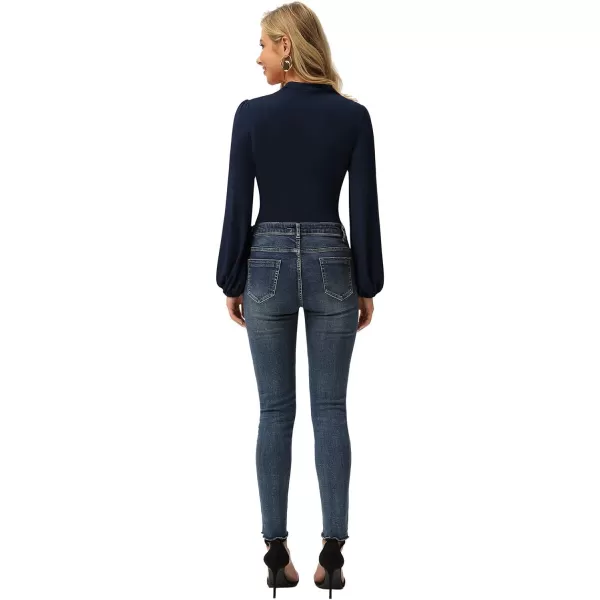 GRACE KARIN Womens Long Lantern Sleeve HighNeck Ruched Front Fitted BlouseNavy Blue