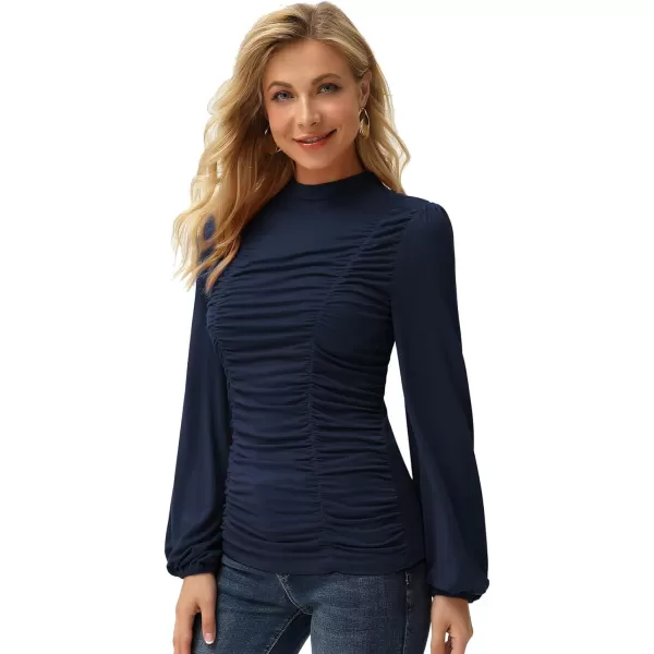 GRACE KARIN Womens Long Lantern Sleeve HighNeck Ruched Front Fitted BlouseNavy Blue