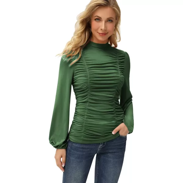 GRACE KARIN Womens Long Lantern Sleeve HighNeck Ruched Front Fitted BlouseOlive Green