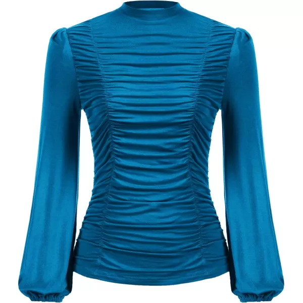 GRACE KARIN Womens Long Lantern Sleeve HighNeck Ruched Front Fitted BlousePeacock Blue
